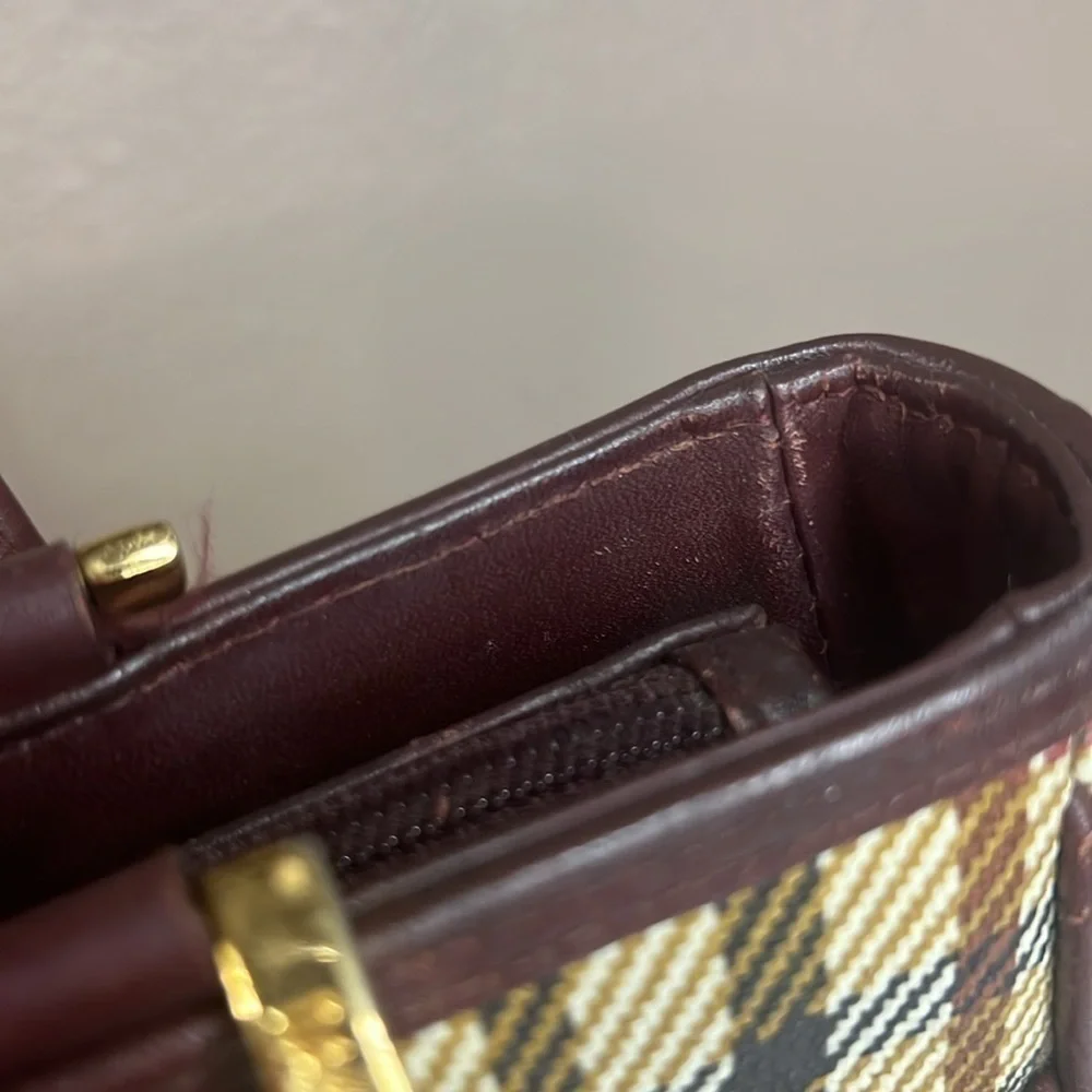 DAKS Vintage Plaid Structured Tote Satchel Burgundy Leather Trim